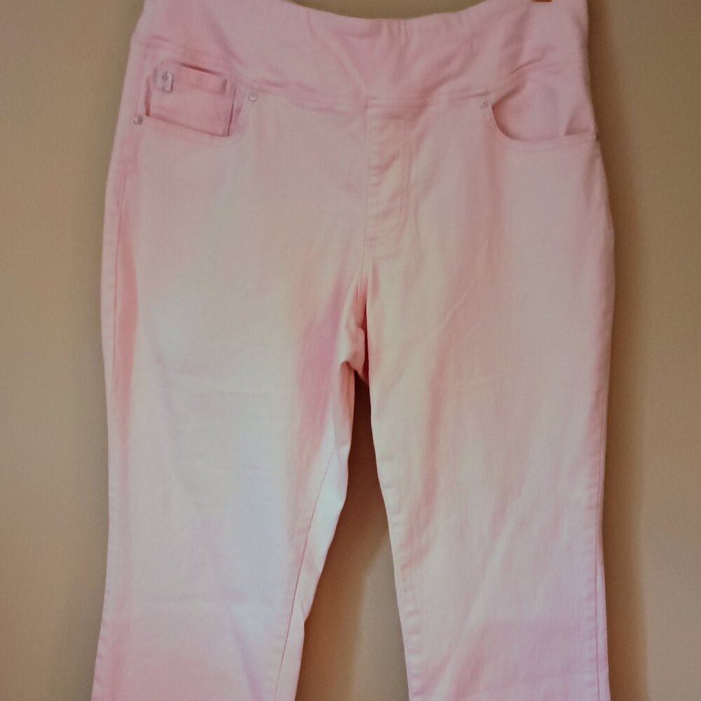 QVC-KIM GRAVEL-TRIPLELUXE-SIZE 16W-PINK-STRAIGHTLEG ANKLE JEAN W/FRINGE ACCENT